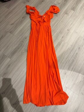 Bright Orange Ruffled V-Neck Maxi Dress